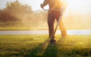 Close Up Shot Of Municipal Worker Holding A Lawnmower, Trimming The Grass In A Public Park