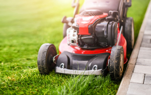 Lawn Mover On Green Grass In Modern Garden