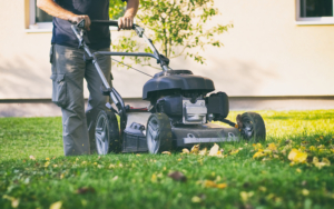 Mowing The Grass With A Lawn Mower In Early Autumn